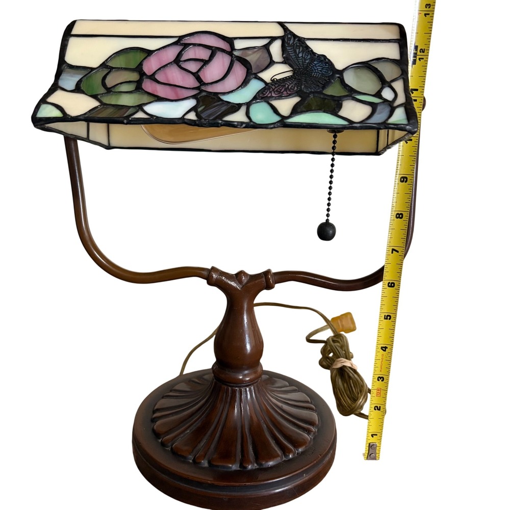 Vintage Tiffany Style Stained Glass Bankers Desk Lamp Floral Butterfly Victorian - Picture 16 of 16
